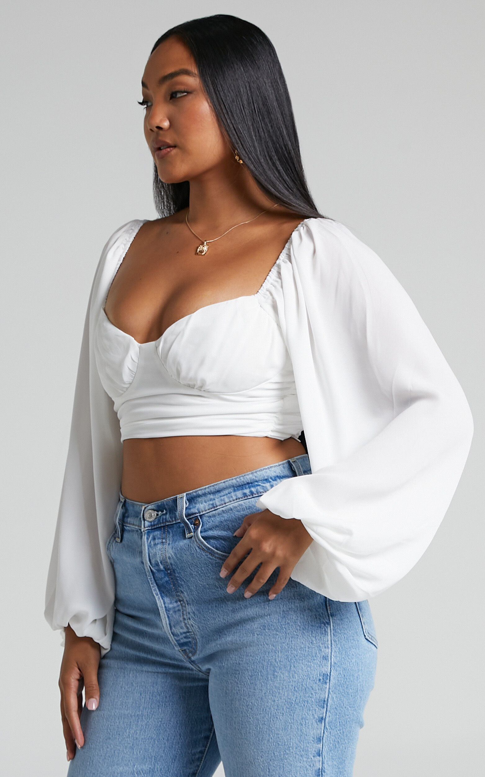 Follan Long Sleeve Shirred Back Bustier Crop Top in White - 04, WHT1, super-hi-res image number null