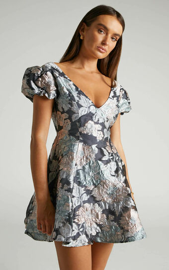 Brailey Jacquard Puff Sleeve Mini Dress in Sage