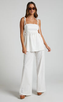 Amalie The Label - Ellah Tie Shoulder Peplum Top and Wide Leg Pants Two Piece Set in White