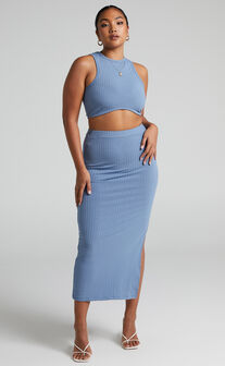 Dayla Ribbed Crop Top and Side Split Midi Skirt Two Piece Set in Steel Blue