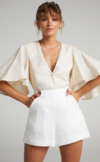 Amalie The Label - Branwen Linen Button Waist Tailored Shorts in White