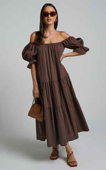 Zaharrah Midaxi Dress - Tiered Dress in Chocolate Linen Look