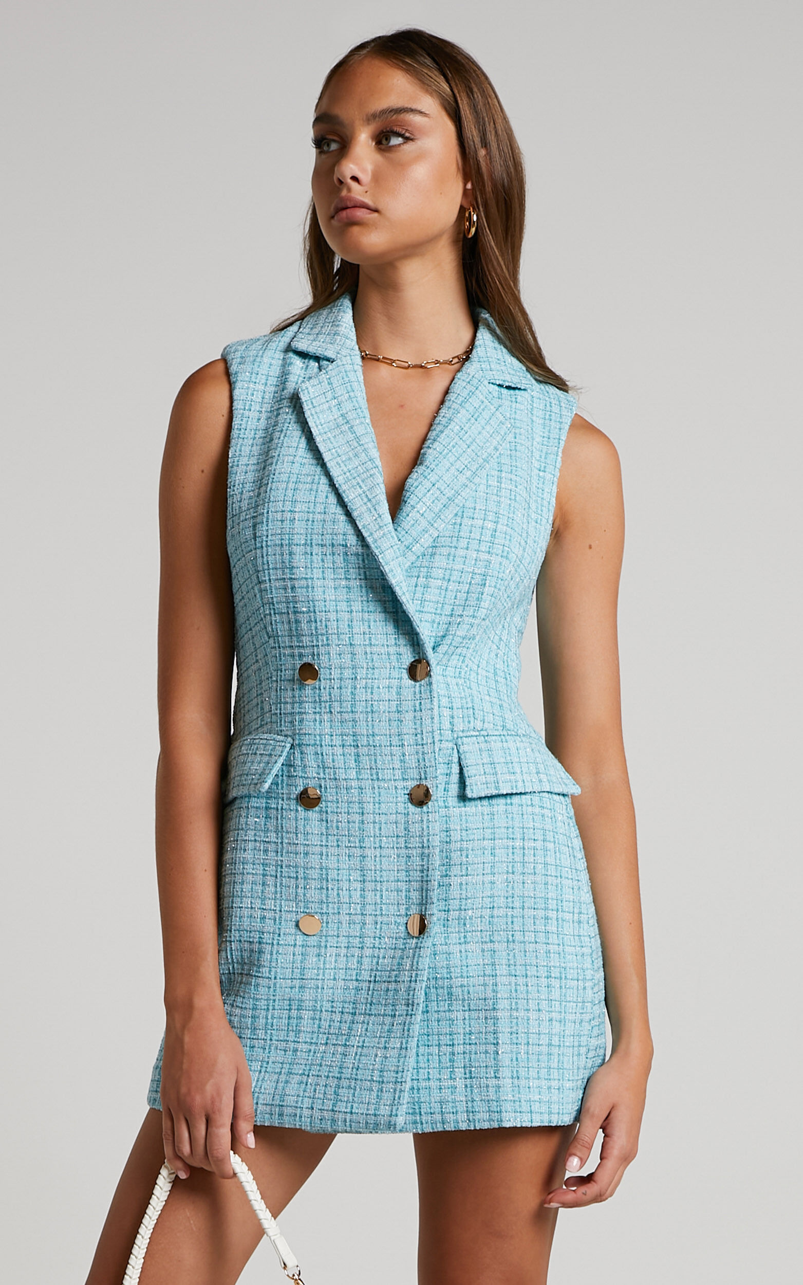 Sheba Blazer Dress - Tweed Sleeveless Mini Blazer Dress in Blue - 06, GRN1
