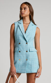 Sheba Blazer Dress - Tweed Sleeveless Mini Blazer Dress in Blue