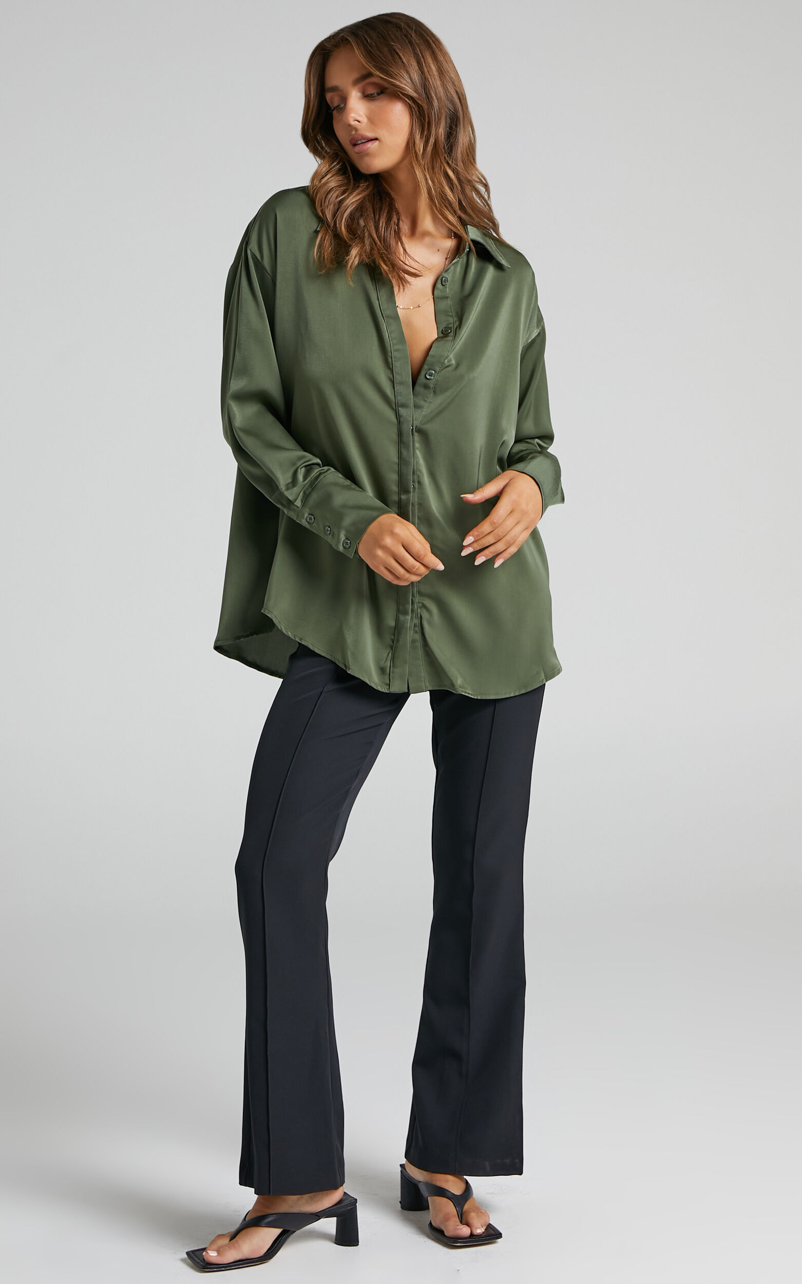 Azurine Oversized Button Up Shirt in Satin in Olive - 06, GRN1, super-hi-res image number null