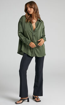 Azurine Oversized Button Up Shirt in Satin in Olive
