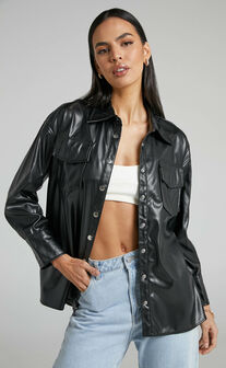 Selenia Button Front Faux Leather Shirt in Black