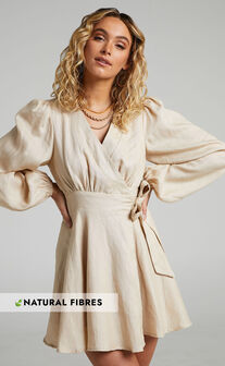 Amalie The Label - Zuri Linen Long Sleeve Wrap Mini Dress in Oat
