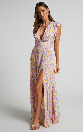 Dyliah Maxi Dress - Thigh Split Frill Shoulder Plunge Neck Dress in Multi Floral