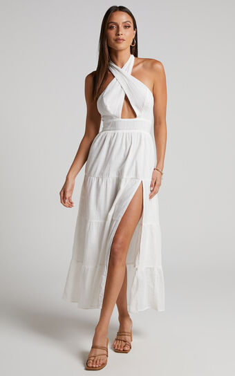 Roella Midi Dress - Tiered Halter Dress in White