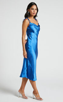Romilly Midi Dress - Tie Strap Cowl Neck Satin Dress in Cobalt