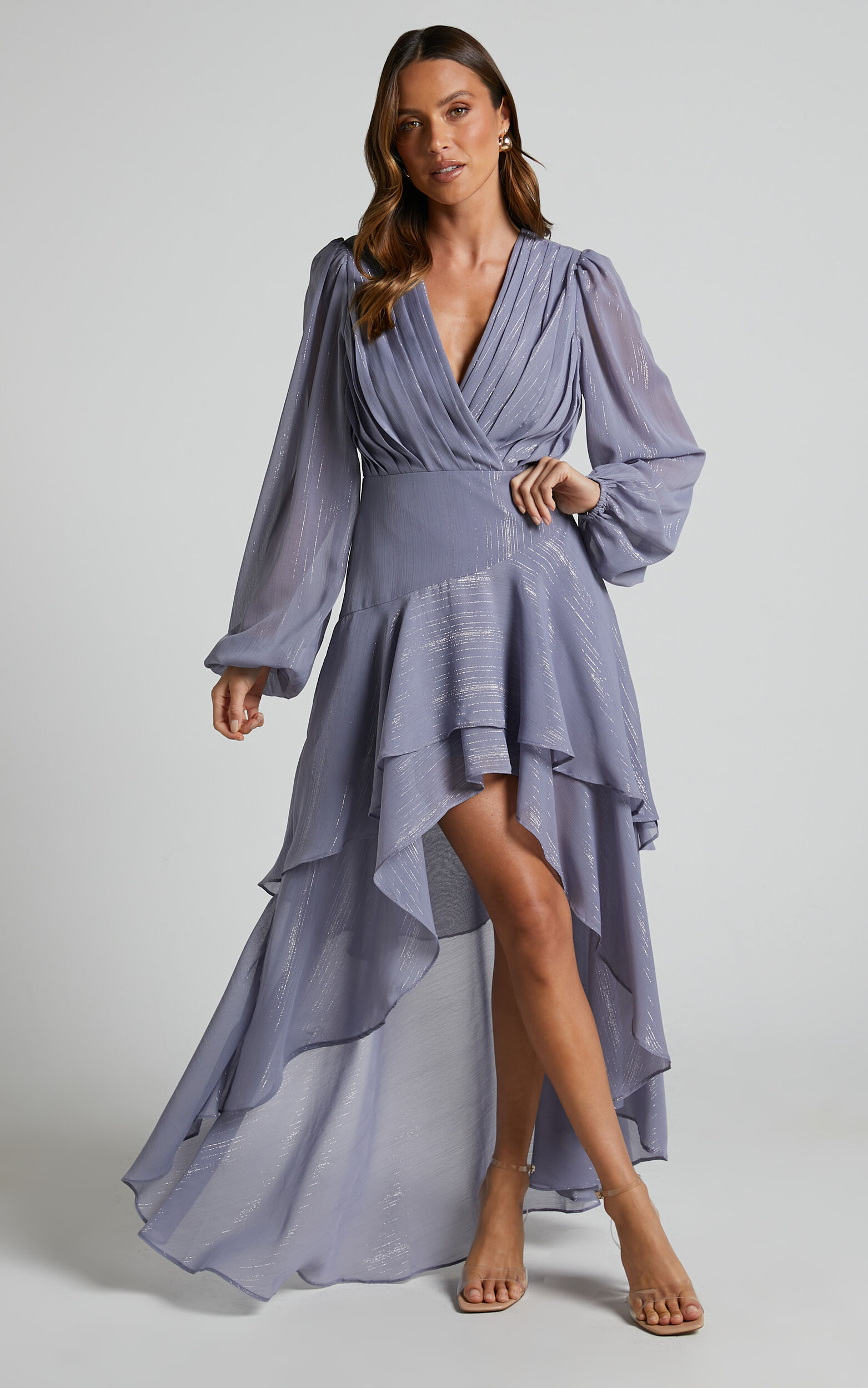 Claudita Midaxi Dress - Long Sleeve High Low Hem Dress in Steel Blue - 04, BLU2