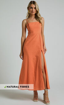 Marsha Midi Dress - High Split Slip Dress in Orange