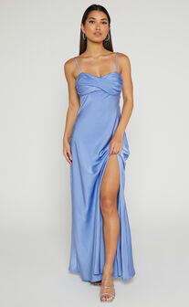 Hallie Maxi Dress - Twist Bodice Thigh Split Dress in Blue