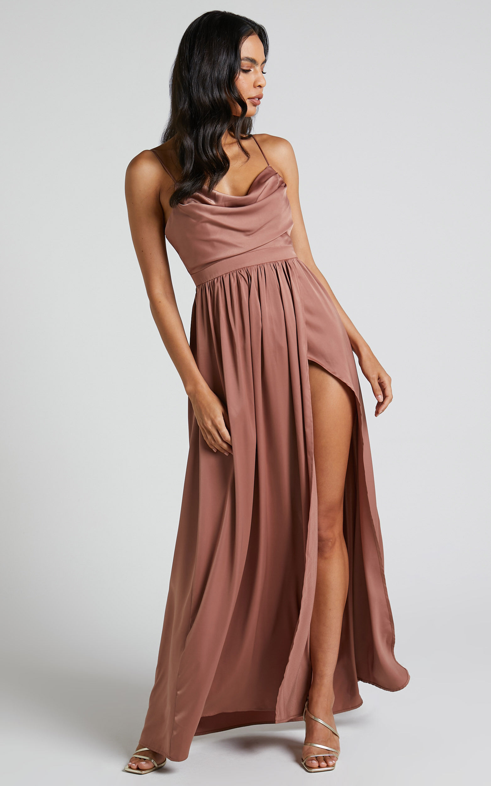 Gemalyn Maxi Dress - Cowl Neck Thigh Split Dress in Dusty Rose - 04, PNK3
