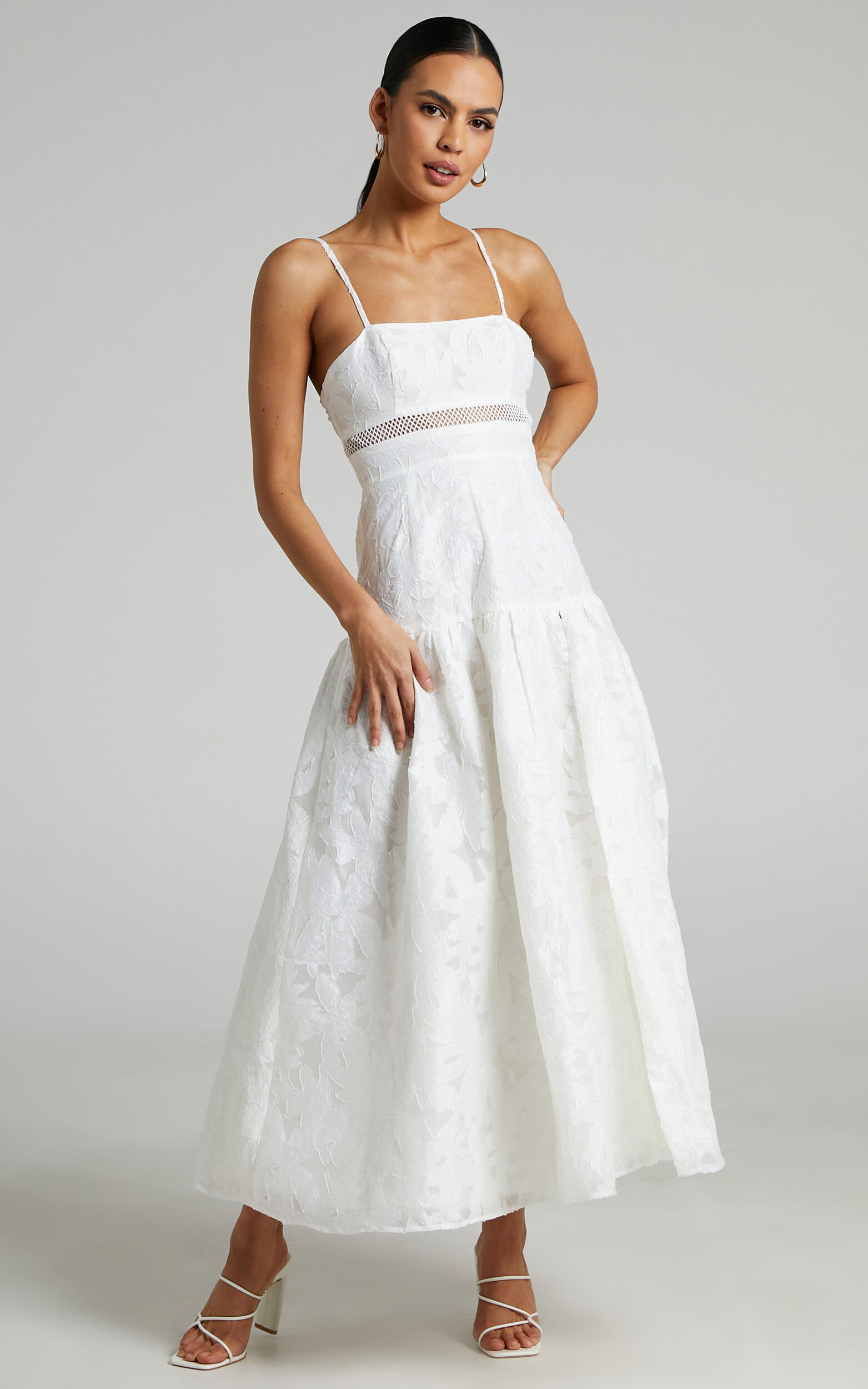 Isabel Midi Dress - Trim Detail Thigh Split Drop Waist Dress in White ...