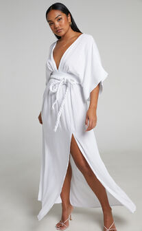 Phillipha Underbust Tie Angel Sleeve Maxi Dress in White