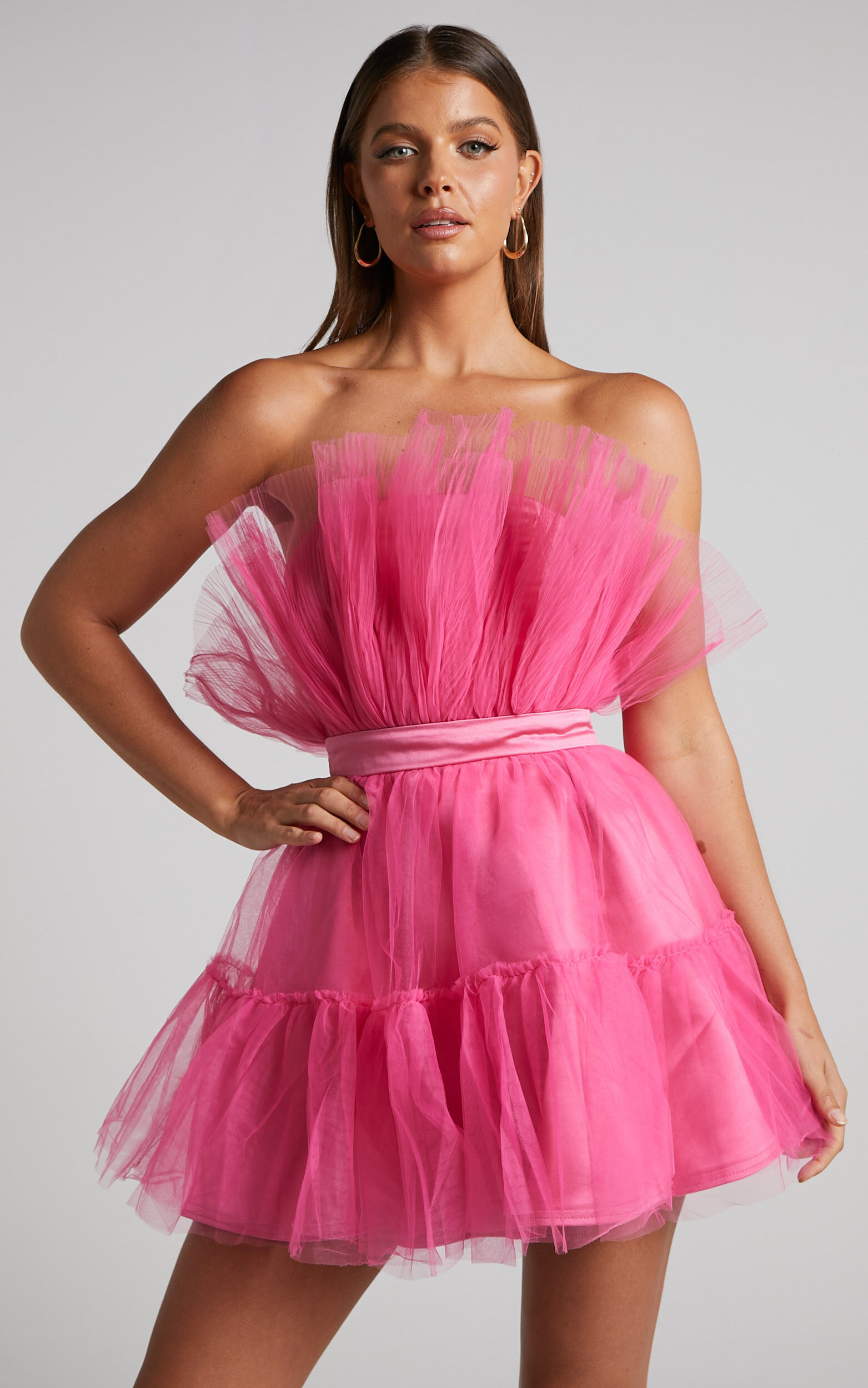 Amalya Mini Dress - Tiered Tulle Fit and Flare Dress in Hot Pink - 04, PNK2
