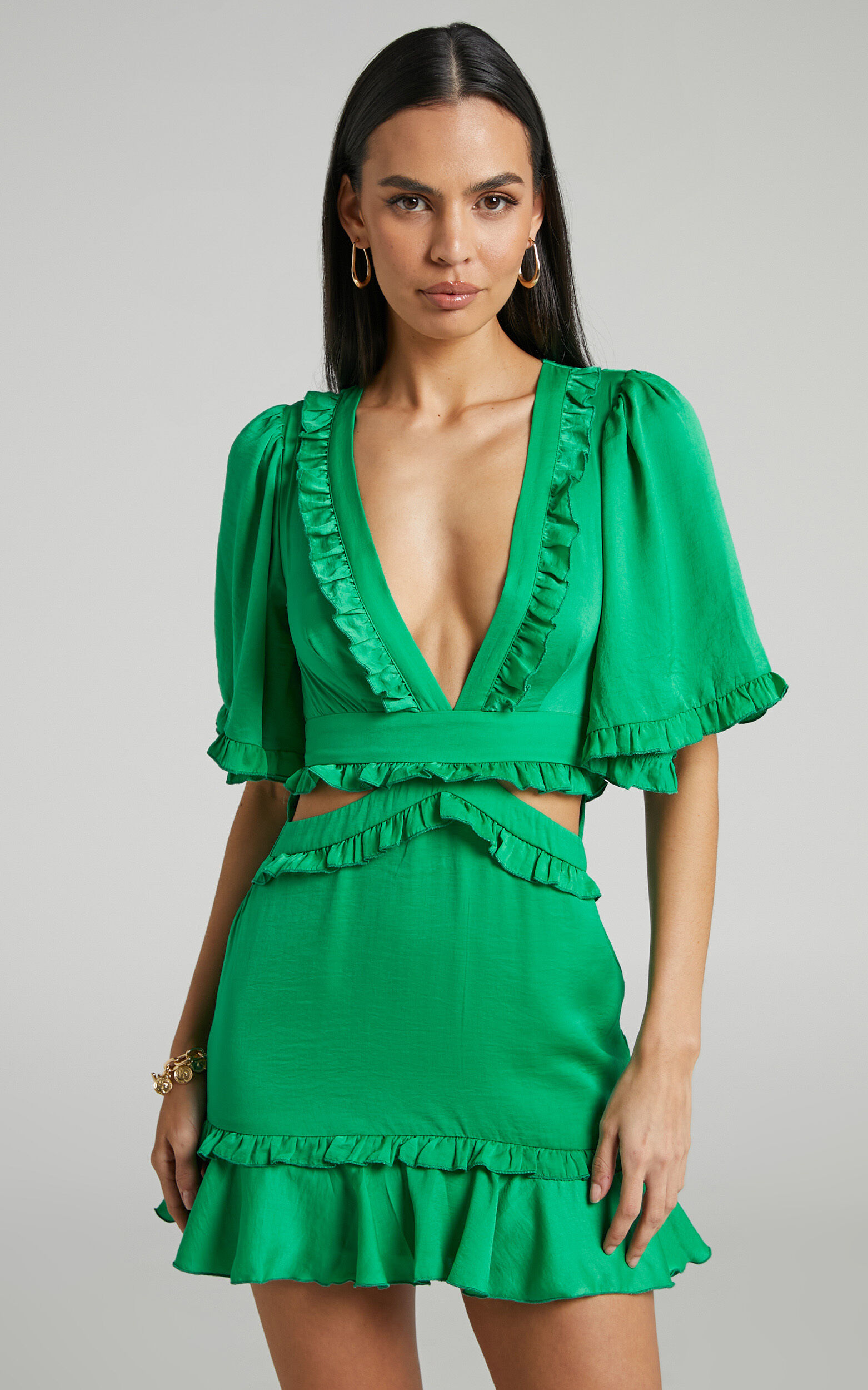 Maricris Open Back Bell Sleeve Frill Mini Dress in Green - 06, GRN1, super-hi-res image number null