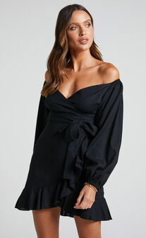 Cant Move On Off Shoulder Mini Dress in Black Linen Look