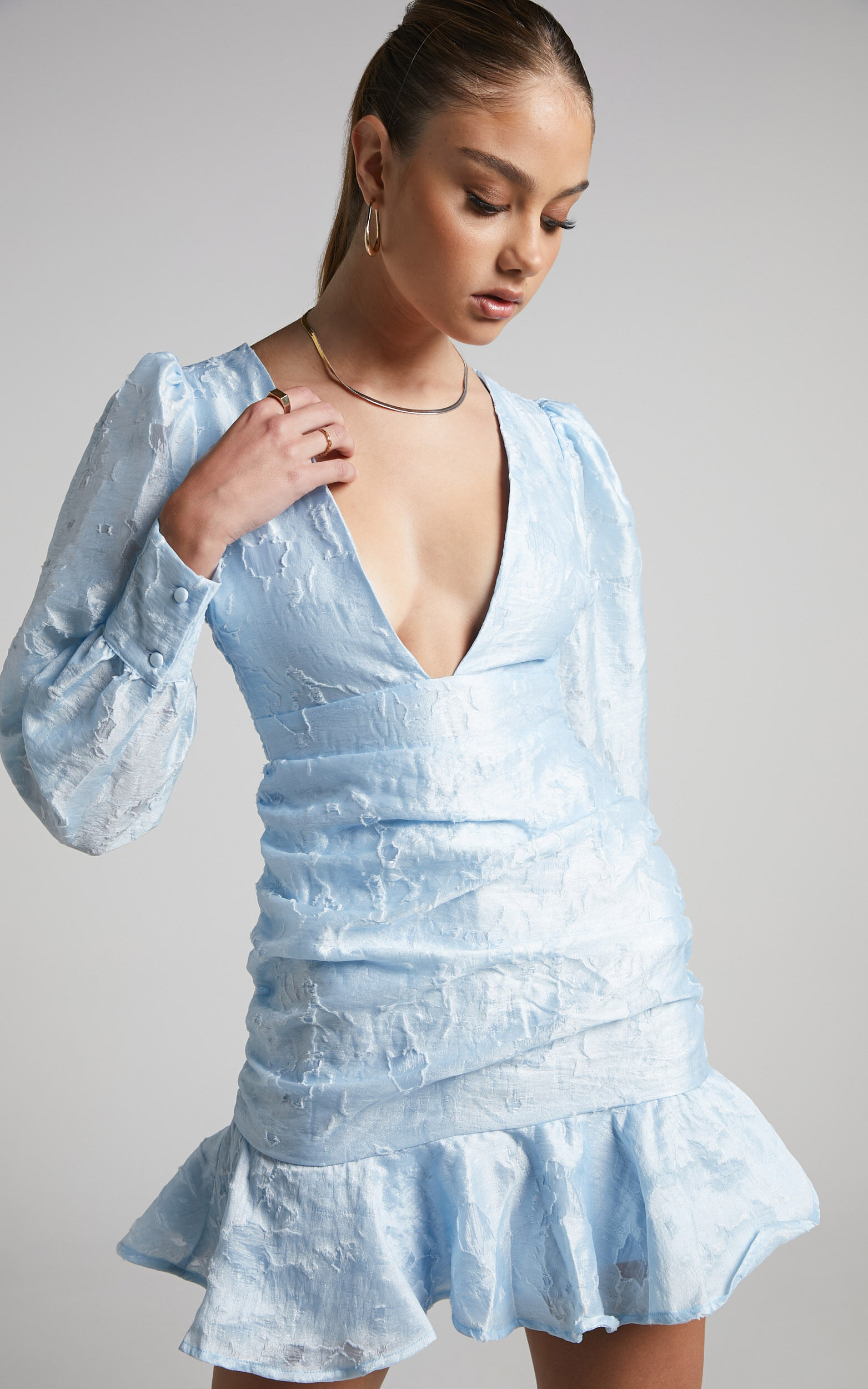 Baxia Mini Dress - Textured Balloon Sleeve Dress in Light Blue - 04, BLU1