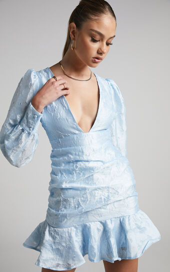 Baxia Mini Dress - Textured Balloon Sleeve Dress in Light Blue