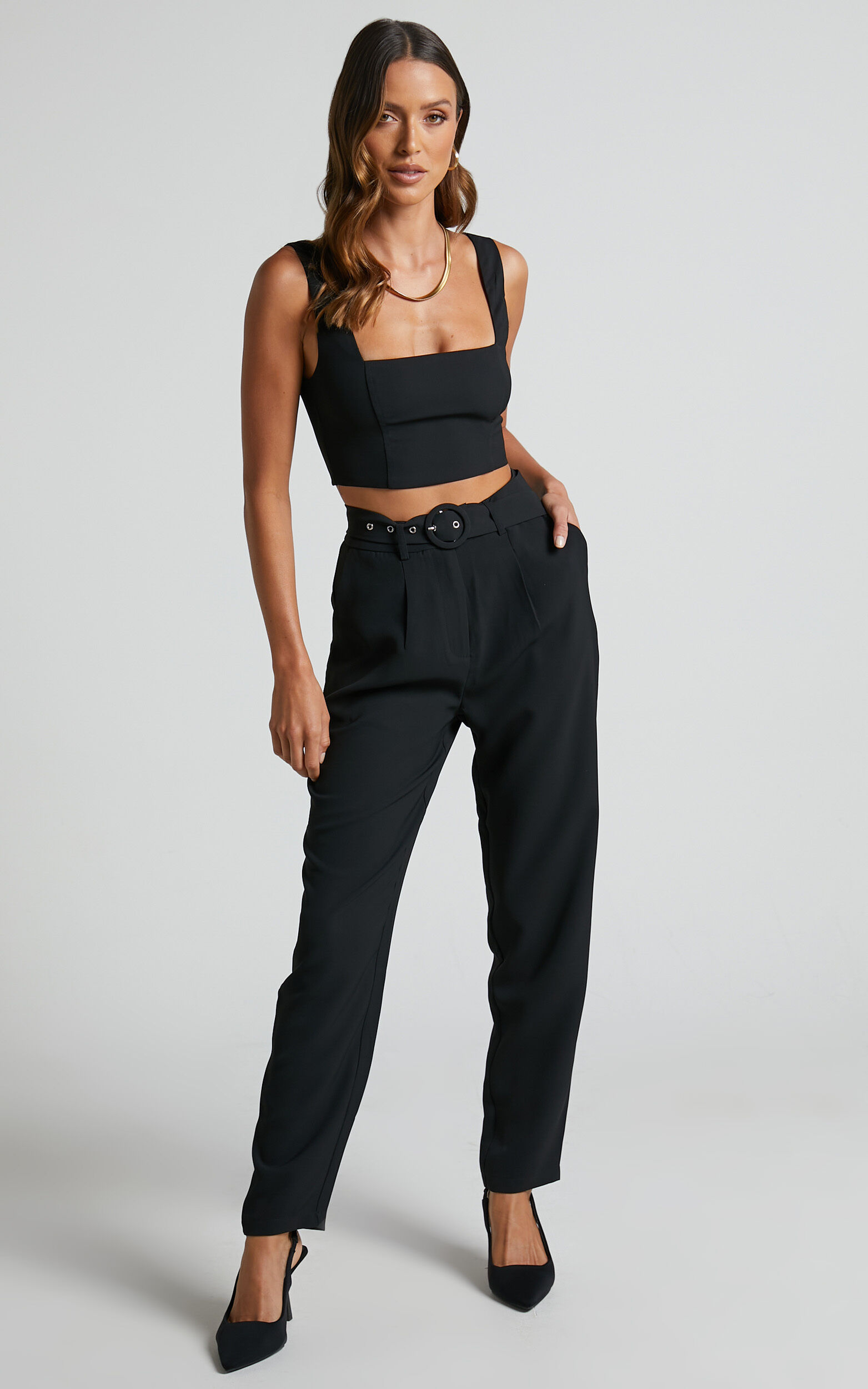Reyna Two Piece Set - Crop Top and Tailored Pants in Black - 04, BLK1, super-hi-res image number null