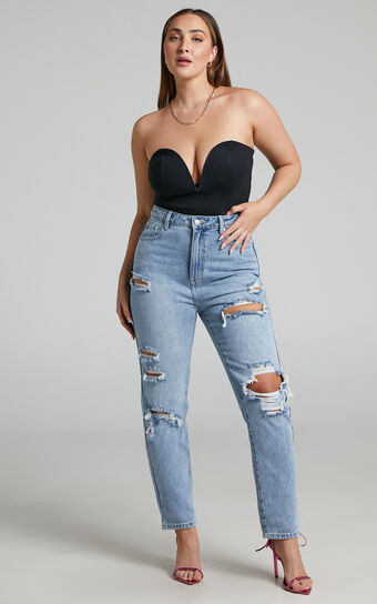 Billie High Waisted Recycled Cotton Distressed Mom Jeans in Mid Blue Wash
