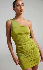 Lynelle One Shoulder Bodycon Mini Dress in Green | Showpo