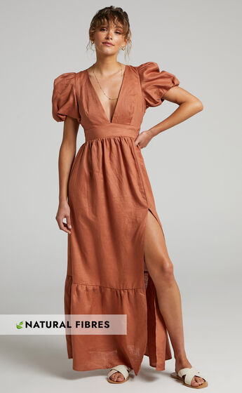 Amalie The Label - Alanice Linen Puff Sleeve Open Back Maxi Dress in Rust