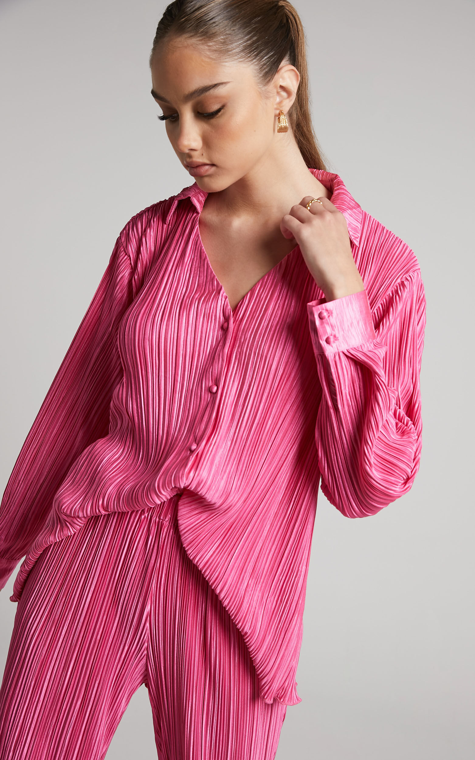 Beca Plisse Button Up Shirt in Pink - 04, PNK1, super-hi-res image number null