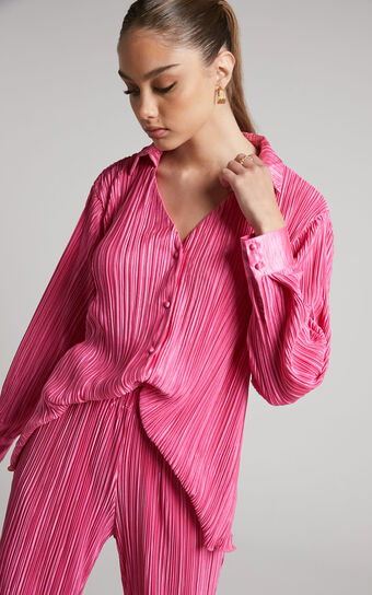 Beca Plisse Button Up Shirt in Pink