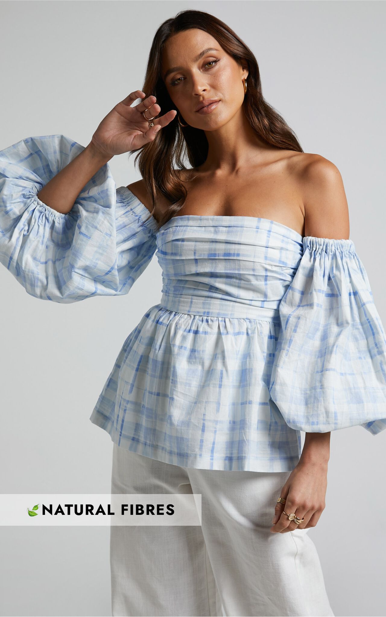 Amalie The Label - Emerita Off Shoulder Puff Sleeve Top in Chieti Check Blue - 06, WHT2, super-hi-res image number null