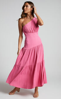 Celestia Tiered One Shoulder Midi Dress in Bright Pink