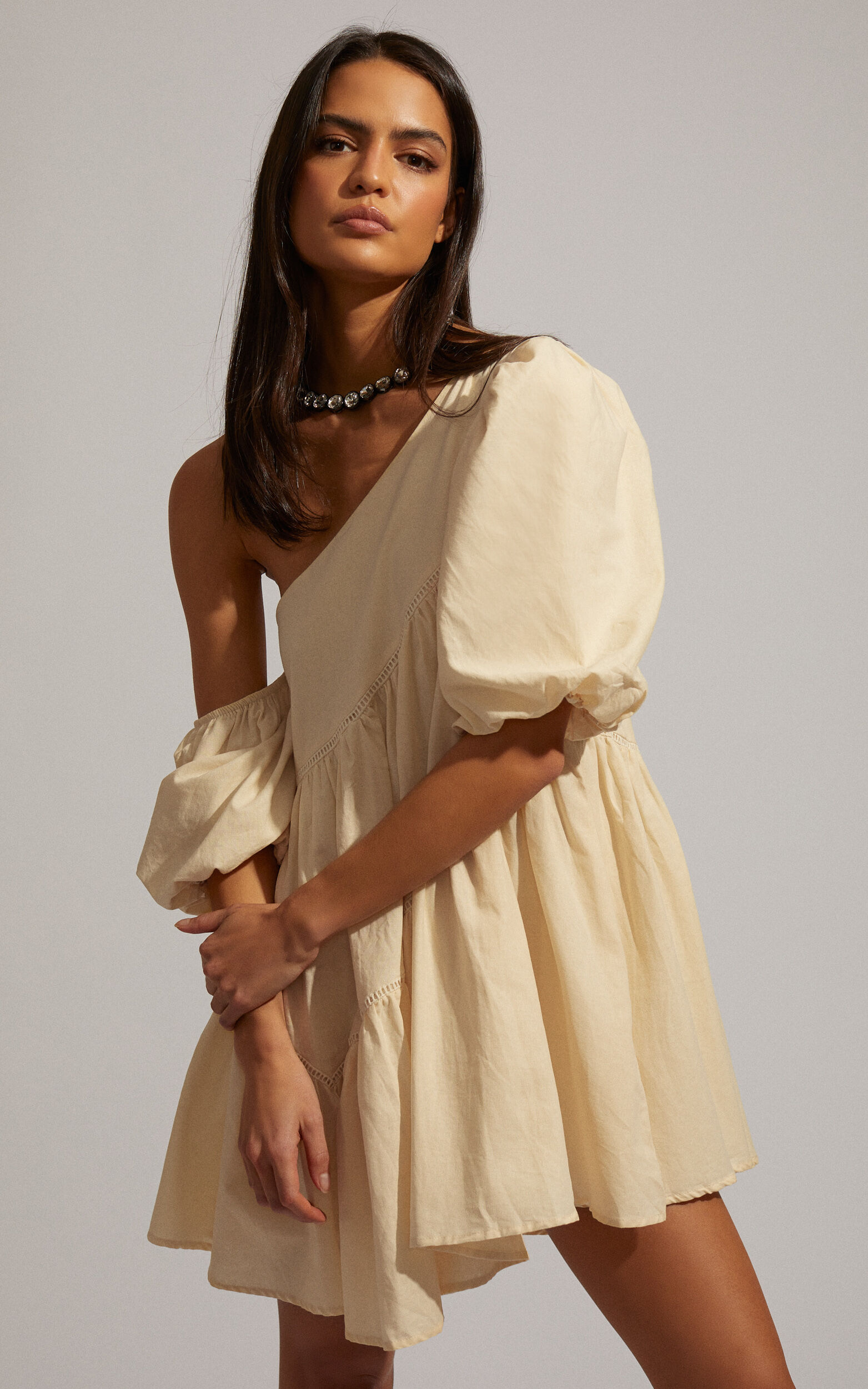Harleen Mini Dress - Asymmetrical Trim Puff Sleeve Dress in Beige - 04, BRN1, super-hi-res image number null