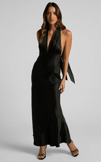 Aiyana Midaxi Dress - Halter Neck Satin Dress in Black