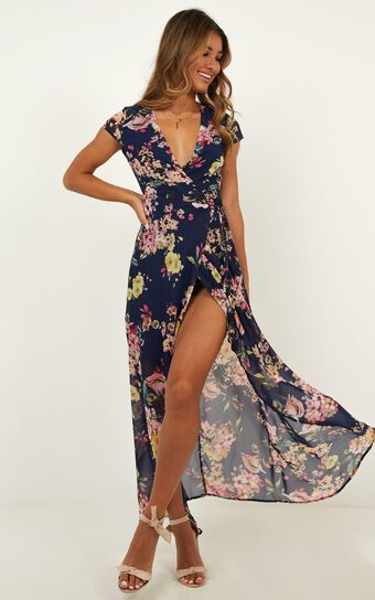 Wrap And Cross Maxi Dress In Navy Floral