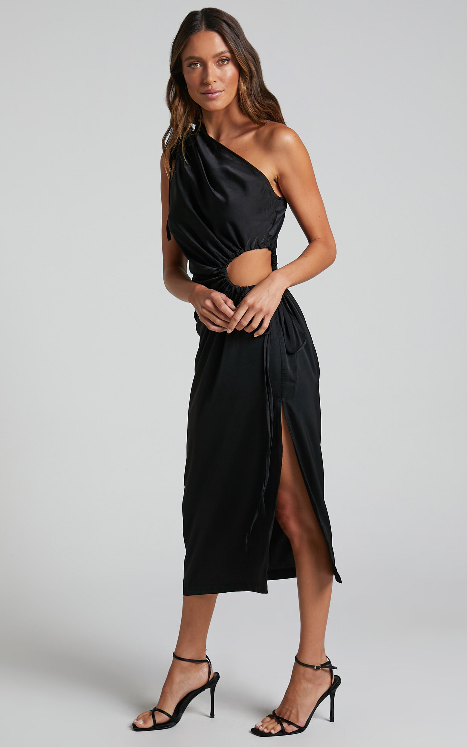 Kaipo Midi Dress - One Shoulder Tie Up Side Cut Out Dress in Black ...