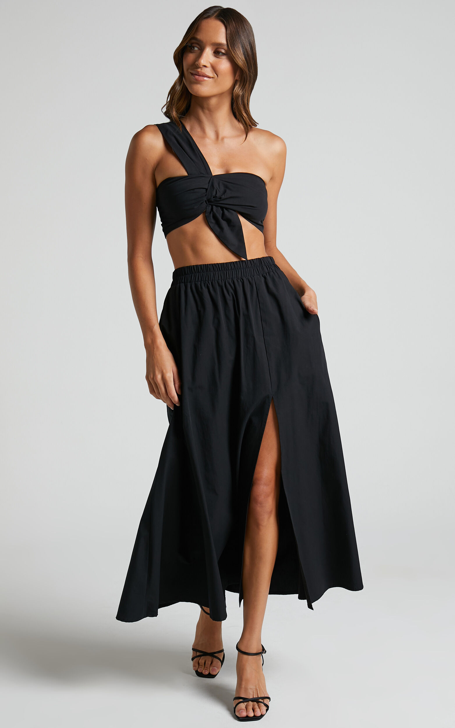 Sula Two Piece Set - One Shoulder Bralette Crop Top and Midi Skirt Set in Black - 04, BLK1