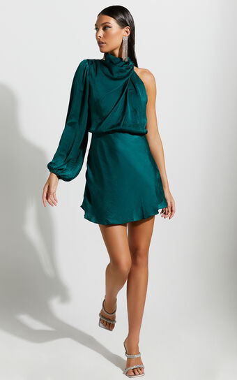 Ingelise Mini Dress - One Shoulder Long Sleeve Mini Dress in Emerald