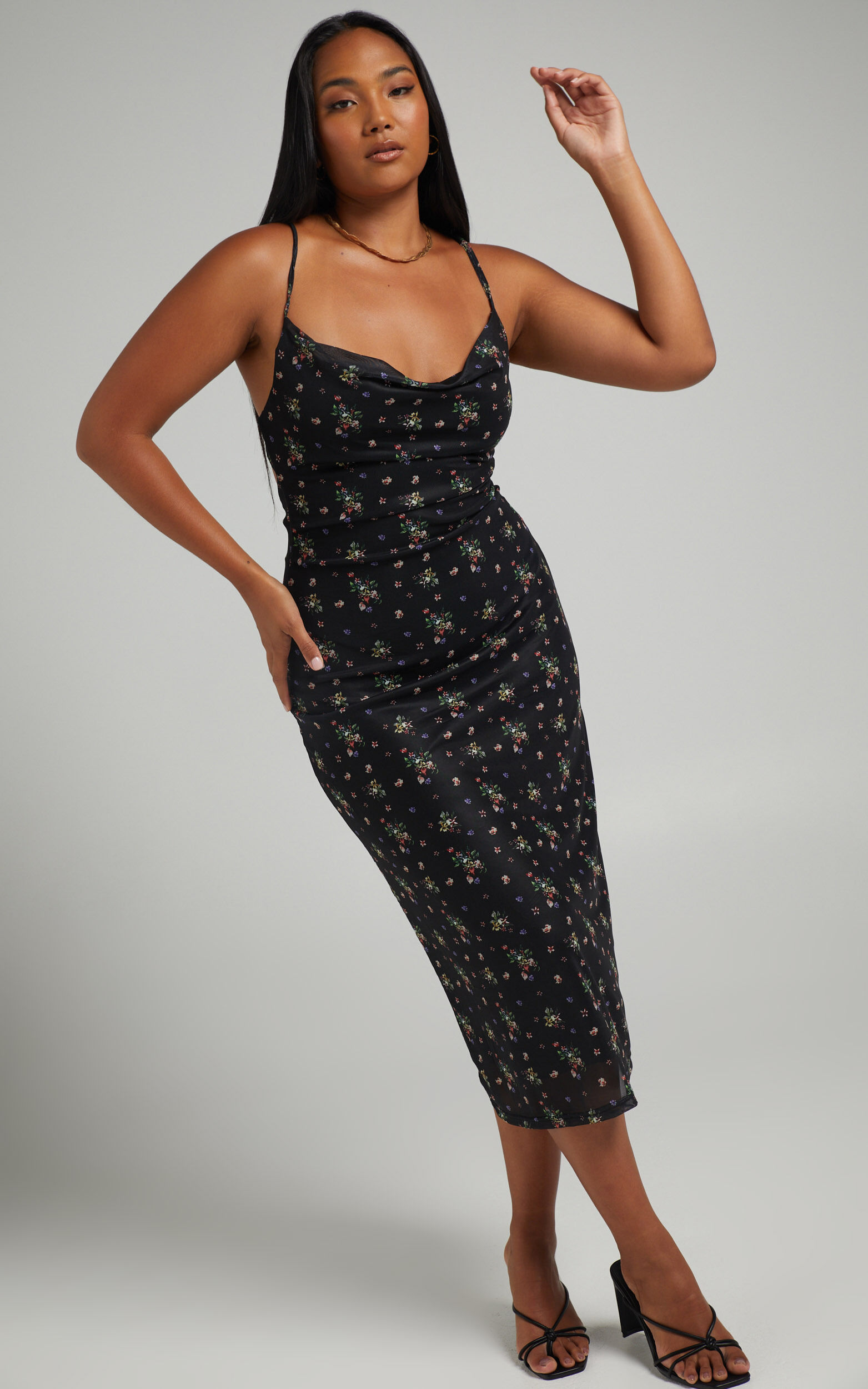 Roselyn Cowl Neck Open Back Midi Dress in Black Floral | Showpo