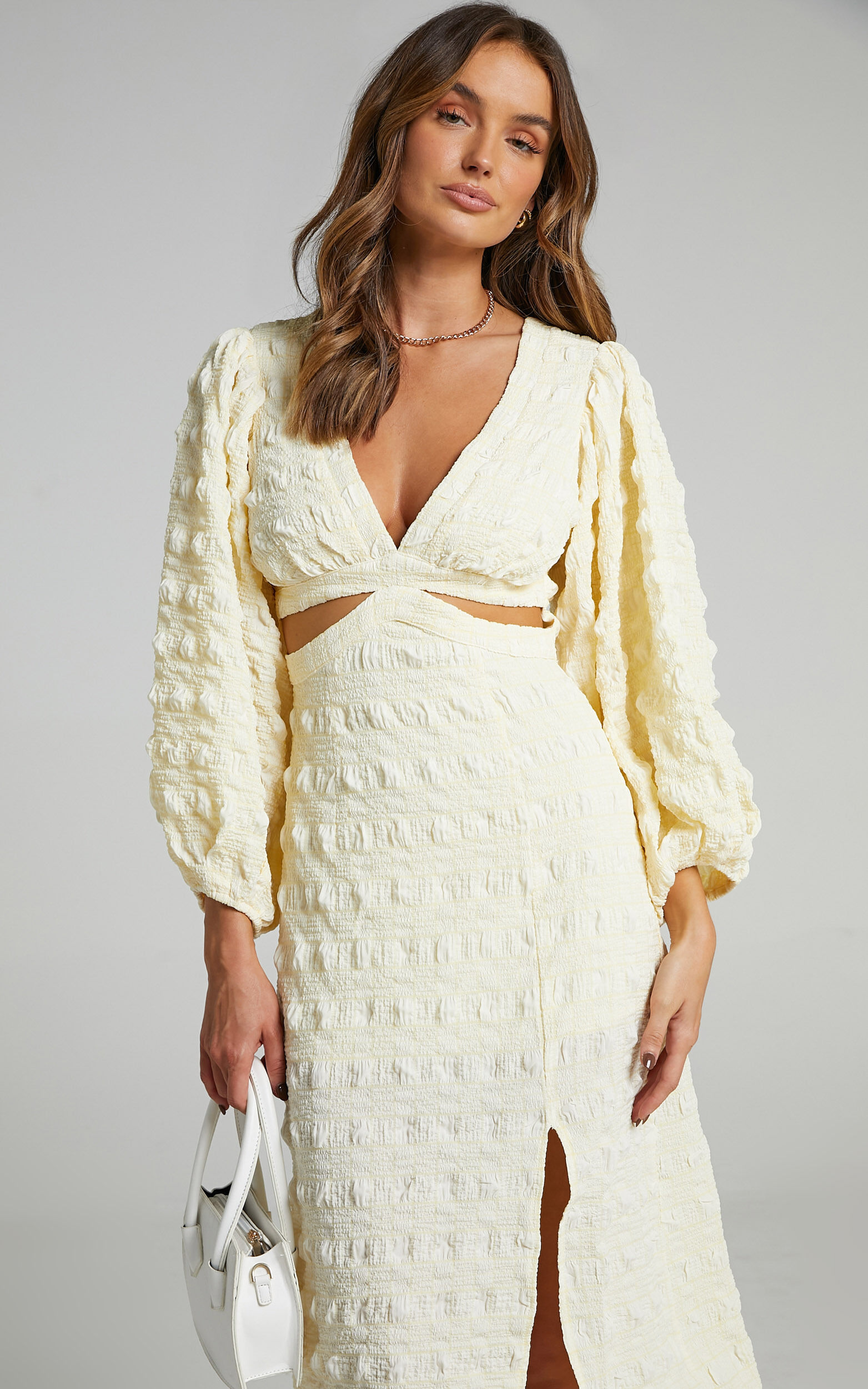 Tabatha Puff Sleeve Cut Out Midi Dress in Cream Check - 06, CRE1, super-hi-res image number null