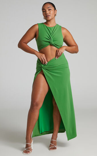 Jamiel Two Piece Set - Twist Front Crop Top and Midi Skirt Set in Green