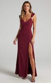 More Than This Midi Dress - Ruffle Strap Thigh Split Dress in Wine
