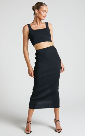 Lucienna Maxi Skirt - Knit Back Split Skirt in Black