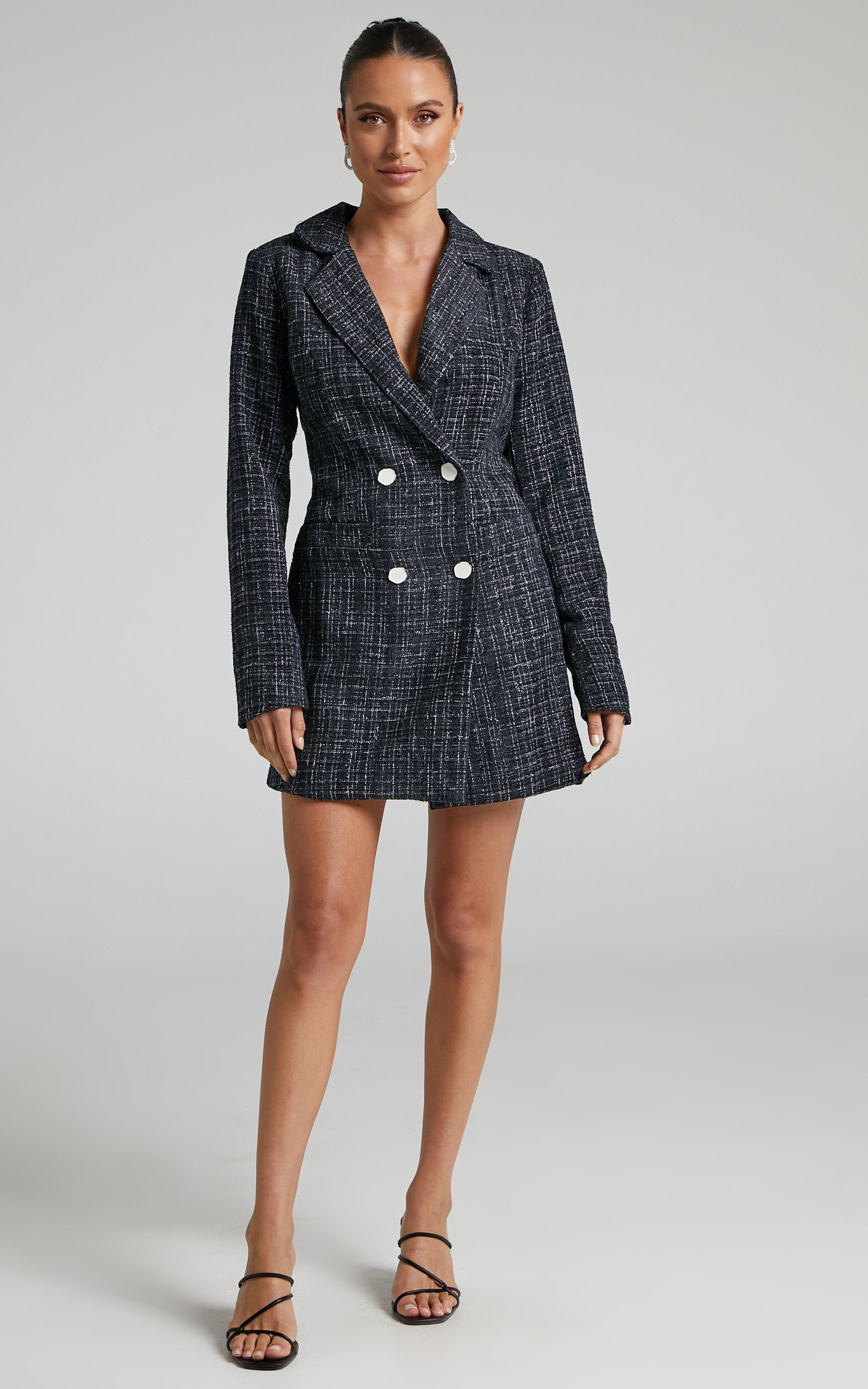 Bjorn Mini Dress - Double Breasted Boucle Tweed Blazer Dress in Black - 04, BLK1, super-hi-res image number null