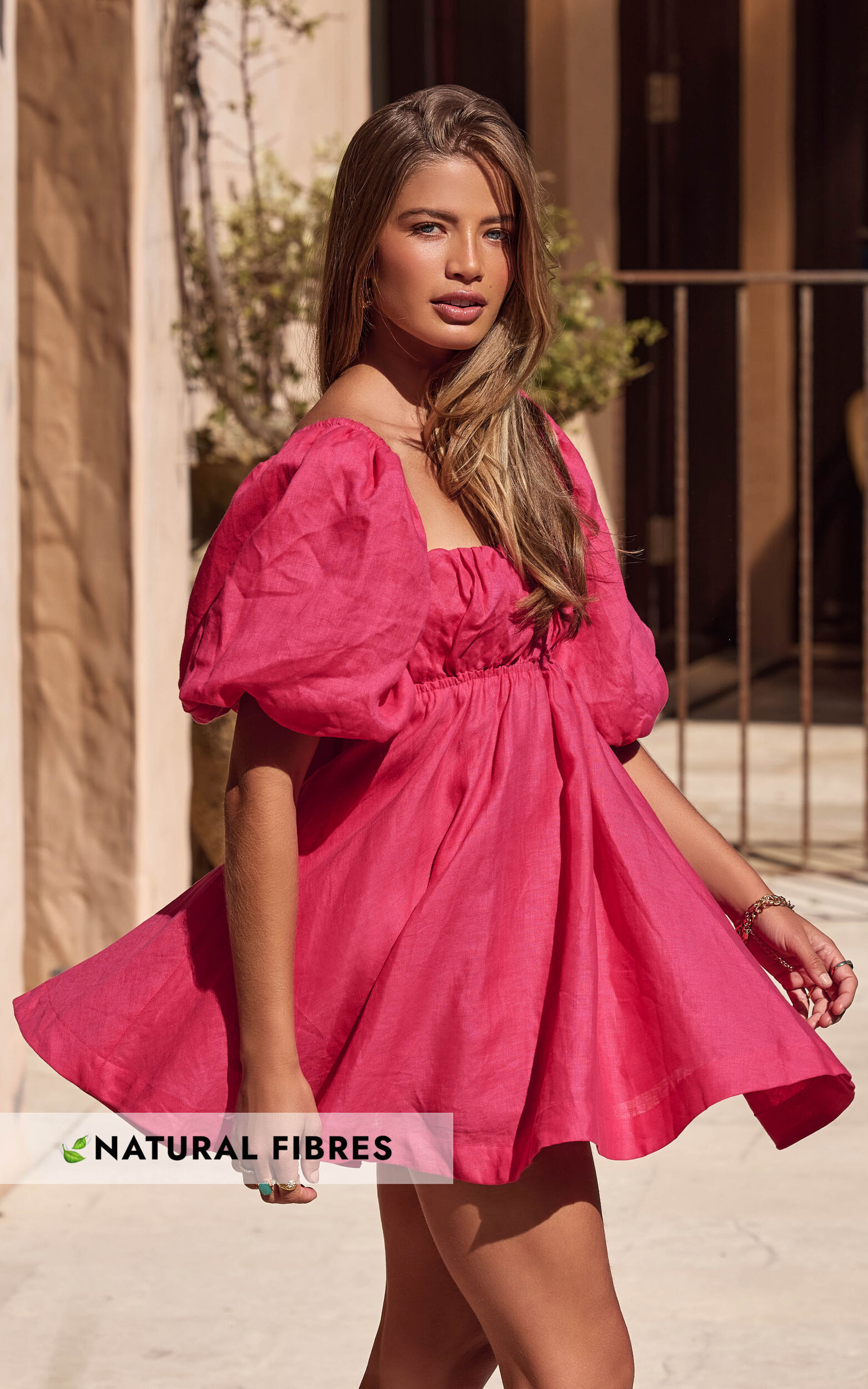 Amalie The Label - Hamyya Linen Tie Back Puff Sleeve Mini Dress in Magenta | Showpo