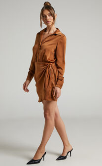 Michae Long Sleeve Wrap Front Mini Dress in Rust
