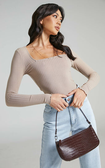 Complicate It Top - Long Sleeve Square Neck Top in Beige