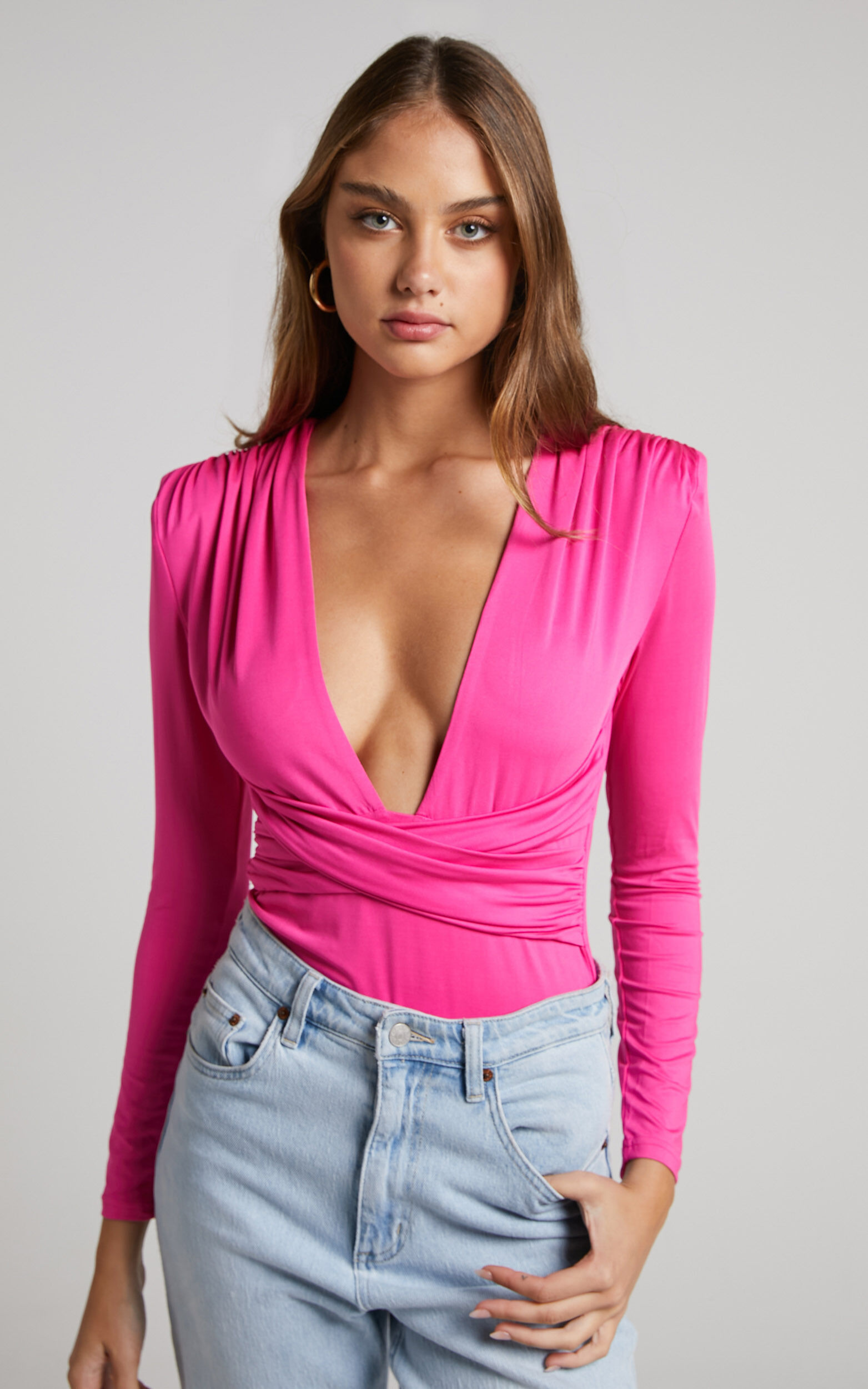 Jairlee Bodysuit - Plunge Neck Faux Wrap Front Bodysuit in Hot Pink - 04, PNK1
